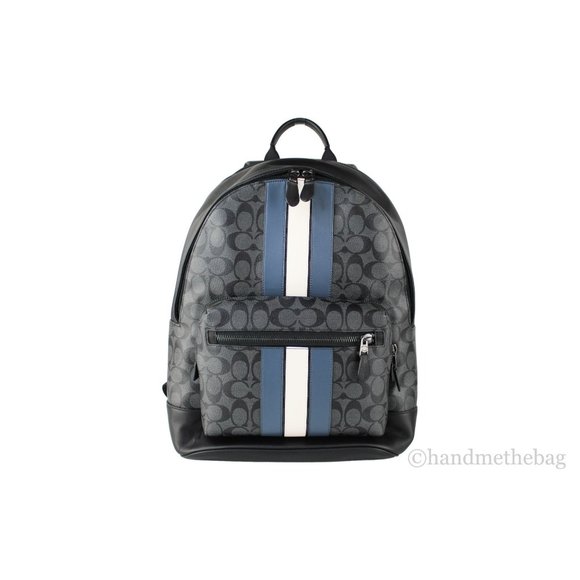 NWT Coach Men's West Signature Denim Chalk Varsity Stripe Coated Canvas Backpack - Picture 7 of 11